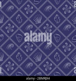 Vektor nahtlose Muster mit Muscheln und Wellen Konturen. Marine Hintergrund für Website, Verpackung, Digital Scrapbooking, Tapeten, Textil und wra Stock Vektor