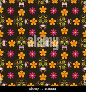 Nahtlose Vektor-Tapete mit ornated Zucker Schädel und Blumen. Perfektes modernes Muster für Textilien, Tapeten, Webseiten, Scrapbook Projekte und Wrapp Stock Vektor