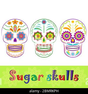 Bunte Sugar Skull Kollektion. Dia de los Muertos, Day of the Dead Set isoliert auf weiß. Kann als Symbole oder Designelemente verwendet werden. Stock Vektor