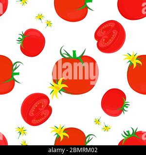 Nahtlose Hintergrund Muster mit reifen Tomaten in verschiedenen Größen gelbe Tomatenblüten und halbierte Tomaten mit reifen Fleisch mit Samen sichtbar. Essen Meer Stock Vektor