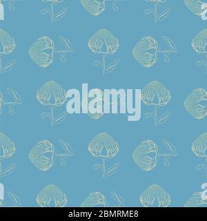 Vektor-nahtloses Muster von Waratah Blume. Goldene Umrandung auf blau. Einzigartige und elegante Hintergrund für Website, digitale Scrapbooking, Tapeten, textil Stock Vektor