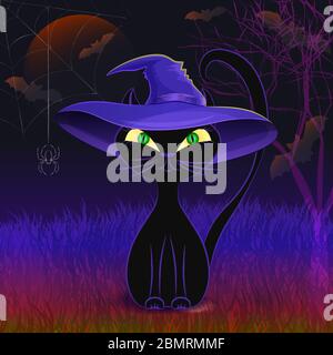 Halloween Nacht Vektor Poster mit niedlichen schwarzen Katze trägt Hexenhut vor scharfem Nacht Hintergrund mit gruseligen Baum, Mond, Spinnennetz und Fledermäuse. Stock Vektor