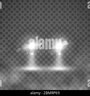 Autolampen. Autoscheinwerfer. Fahrzeugscheinwerfer im Nebel. Vektordarstellung auf transparentem Hintergrund isoliert Stock Vektor
