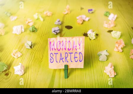 Textschild mit Montag begonnen. Business Foto Text Vorbereitung für die neue Woche Ruhe ist vorbei, können wir mit der Arbeit beginnen Stockfoto