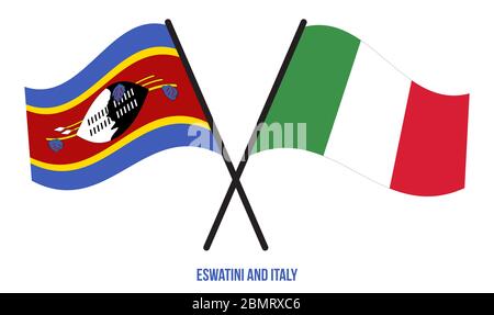 Eswatini und Italien Flaggen gekreuzt und winken Flat Style. Offizieller Anteil. Richtige Farben. Stockfoto