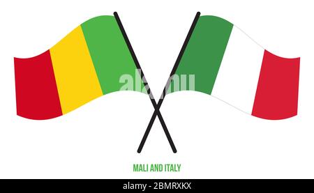 Mali und Italien Flaggen gekreuzt und winken Flat Style. Offizieller Anteil. Richtige Farben. Stockfoto