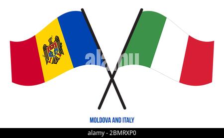 Moldawien und Italien Flaggen gekreuzt und winken Flat Style. Offizieller Anteil. Richtige Farben. Stockfoto