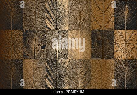 Set von Distress Baum Blätter, Flugblatt Textur auf goldenem Hintergrund. Schwarz-weiß Grunge Hintergrund. EPS8 Vektorgrafik. Stock Vektor