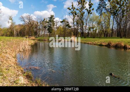 Mlynka Bach in Park Bozeny Nemcove öffentlichen Park in Karvina Stadt in der Tschechischen republik mit kleinen Brücke und Bäumen rund um während des Frühlings Tag mit blauen s Stockfoto