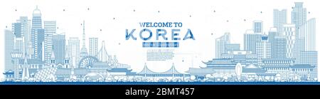 Outline Willkommen in der Skyline von Südkorea mit blauen Gebäuden. Vektorgrafik. Tourismuskonzept mit historischer Architektur. Stock Vektor