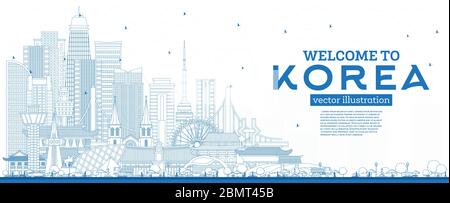 Outline Willkommen in der Skyline von Südkorea mit blauen Gebäuden. Vektorgrafik. Tourismuskonzept mit historischer Architektur. S Stock Vektor