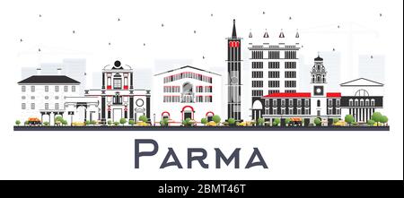 Parma Italien Stadt Skyline mit farbigen Gebäuden isoliert auf Weiß. Vektorgrafik. Stock Vektor