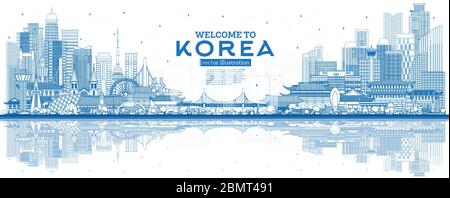 Outline Willkommen in Südkorea City Skyline mit blauen Gebäuden und Reflexionen. Vektorgrafik. Tourismuskonzept mit historischer Architektur. Stock Vektor