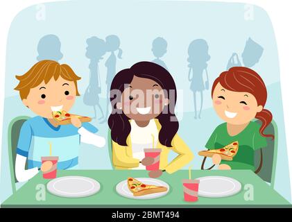 Illustration von Stickman Teenage Girls und Guy Friends Essen Pizza im Freien Stockfoto