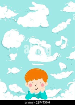 Illustration eines Kid Boy mit Händen auf Chins Imagining Wolken mit verschiedenen Formen Stockfoto