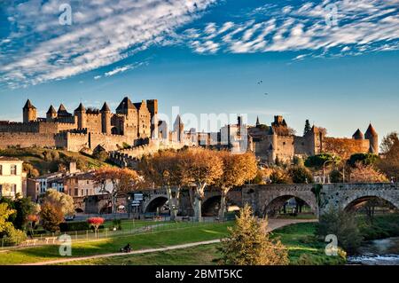 Blick auf die Cite de Carcassonne, Aude, Languedoc-Roussillon, Frankreich Stockfoto