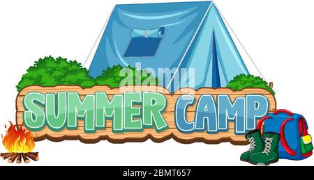 Schriftdesign für Word Sommer Camp mit blauem Zelt im Hintergrund Illustration Stock Vektor