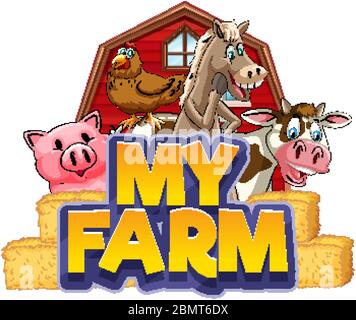 Schriftdesign für "Word my Farm" mit vielen Tieren Illustration Stock Vektor