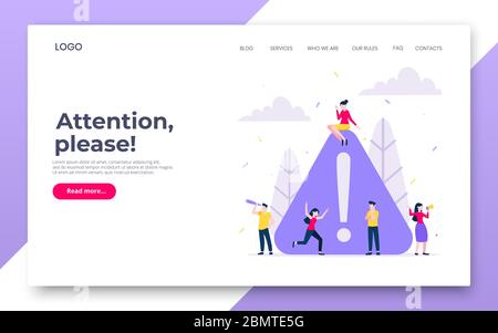 Achtung bitte Webseite Vorlage Vektor Illustration mit kleinen Menschen große Aufmerksamkeit Zeichen. Stock Vektor