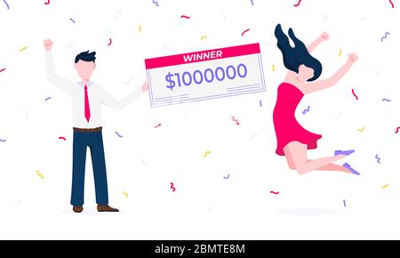Glückliche Lotteriegewinner mit Gewinnpaycheck. Stock Vektor