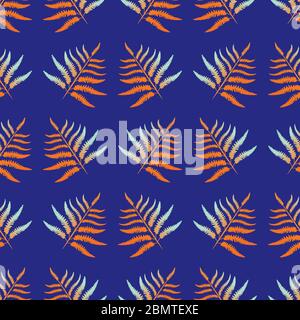 Farn Vektor nahtlose Muster Hintergrund. Waldpflanze mit Neon Indigo, orange, blaue Kulisse. Geometrische botanische Darstellung. Stilisierte alle Stock Vektor