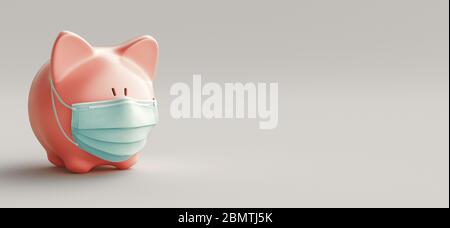 Konzept der Wirtschaftskrise. Kreatives Schwein mit medizinischer Maske. Die Pandemie des Coronavirus und der Zusammenbruch der Wirtschaft. 3d-Rendering Stockfoto