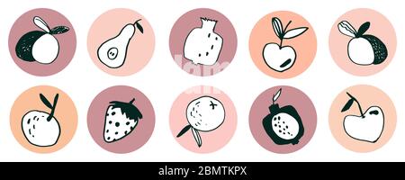 Früchte Symbole für Highlights Instagram der Geschichte des Covers, Social Media gesetzt. Runde Symbole für soziale Netzwerke. Ideal für Blogger.Vektor-Aufkleber Doodle s Stock Vektor