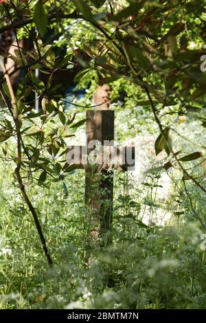 Altes Steinkreuz oder Kruzifix auf einem Friedhof mit wilden Blumen. Kopierbereich, vertikal. Stockfoto