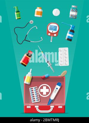 Medizinische erste-Hilfe-Set mit verschiedenen Pillen und medizinischen Geräten. Medizinische Werkzeuge, Medikamente, Stethoskop, Spritze, Glucometer, Thermometer. Diagnostik im Gesundheitswesen. Dringlichkeit. Abbildung flacher Vektorgrafiken Stock Vektor