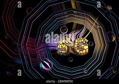 Konzeptuelles Bild von 5g-Schriftzug aus gebrochenem Gold und kreisförmiger radialer Radarform dahinter. 3d-Illustration Hintergrund Stockfoto