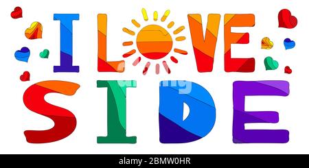 Ich liebe Seite - süße bunte lustige Inschrift und Herzen. Side ist eine Stadt in der Türkei. Für Banner, Poster und Drucke auf Kleidung (T-Shirts). Stock Vektor