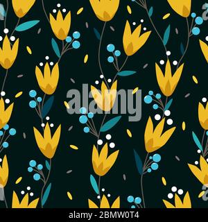 Nahtloses Blumenmuster. Modernes Muster mit gelben Blüten, blaue Blätter für Textil, Geschenkpapier auf schwarzem Hintergrund. Abbildung flacher Vektorgrafiken Stock Vektor