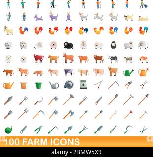 100 Farmsymbole eingestellt. Cartoon Illustration von 100 Bauernhof-Icons Vektor-Set isoliert auf weißem Hintergrund Stock Vektor