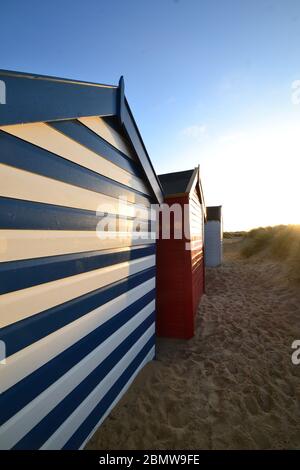 Southwold Strandhütten, die unter der Wintersonne scheinen, Suffolk, Großbritannien Stockfoto