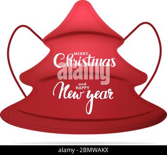 Isolierte rote medizinische Maske in Form eines Baumes mit der Aufschrift Frohe Weihnachten und ein glückliches neues Jahr. Weihnachtsgrüße Trend. Ausbruch Des Coronavirus Stock Vektor