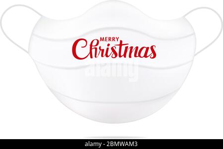 Isolierte realistische weiße medizinische Gesichtsmaske mit Text Frohe Weihnachten. Weihnachtsgrüße Trend. Ausbruch Des Coronavirus. Gesundheitskonzept. 3d Stock Vektor