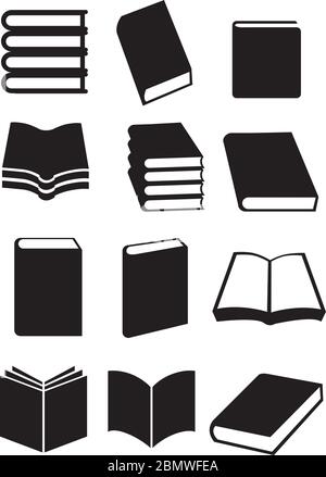 Verschiedene Designs für Bücher. Schwarz-Weiß-Vektor-Symbol-Illustration isoliert auf weißem Hintergrund. Stock Vektor