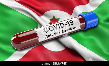 Flagge von Burundi winkend im Wind mit einer positiven Covid-19 Blutprobe Röhre. Stockfoto