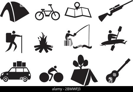 Vektor-Illustration von Symbol-Set im Zusammenhang mit Camping und Abenteuer Stock Vektor