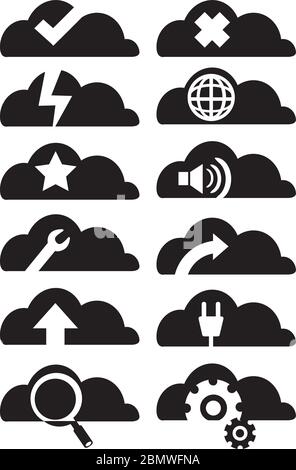 Web- und Internet-Symbole in Cloud Silhouette. Schwarz-Weiß-Vektor-Symbol auf weißem Hintergrund isoliert gesetzt. Stock Vektor