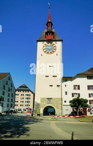 Monumentaler Spittelturm in der Altstadt Bremgarten, Kanton Aargau, Swirzerland. Stockfoto