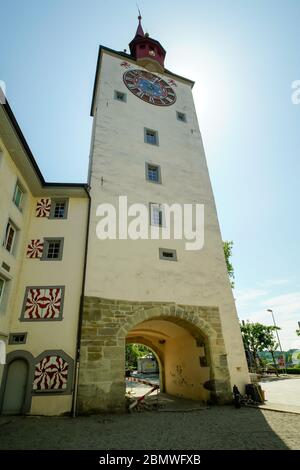 Monumentaler Spittelturm in der Altstadt Bremgarten, Kanton Aargau, Swirzerland. Stockfoto