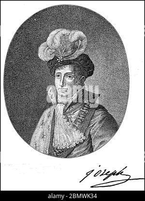 Joseph Bonaparte, 7. Januar 1768 - 28. Juli 1844, eigentlich Giuseppe Bonaparte, war der älteste Bruder Napoleons und war von ihm nur als Joseph I., Giuseppe I., König von Neapel, und dann auch ich als Joseph, José I. zum König von Spanien ernannt / Joseph Bonaparte, 7. Januar 1768 - 28. Juli 1844, eigentlich Giuseppe Buonaparte, war der ältere Bruder Napoléons und wurde von ihm erst als Joseph I., Giuseppe I, zum König von Neapel, und dann ebenfalls als Joseph I., José I, zum König von Spanien, ernannt, historisch, historisch, digital verbesserte Reproduktion eines Originals aus dem 19. Jahrhundert Stockfoto