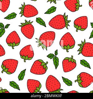 Erdbeeren Hand zeichnen nahtlose Muster. Vektor endloses Design mit reifen roten Cartoon-Stil Beeren. Frischer Sommer lecker abstrakten Hintergrund Stock Vektor