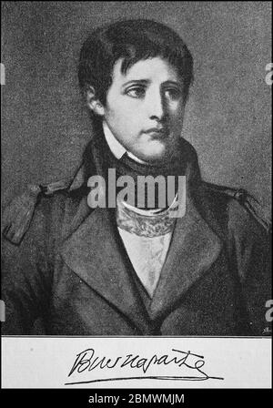 Napoleon Bonaparte als Kaiser Napoleon I., Napoleon Bonaparte, 15. August 1769 - 5. Mai 1821, war ein französischer General, revolutionärer Diktator und Kaiser der Franzosen, hier als junger Leutnant / Napoleon Bonaparte, als Kaiser Napoleon I., Napoléon Bonaparte, 15. Bis 1769. August. Mai 1821, war ein französischer General, revolutionärer Diktator und Kaiser der Franzosen, hier als junger Leutnant, historisch, historisch, digital verbesserte Reproduktion eines Originals aus dem 19. Jahrhundert / digitale Reproduktion einer Originalvorlage aus dem 19. Jahrhundert, Stockfoto