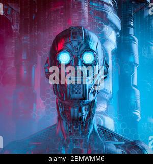 Veränderte Stahl Vision / 3D-Illustration von Science Fiction humanoiden Roboter mit glühenden Augen auf Technologie Hintergrund Stockfoto