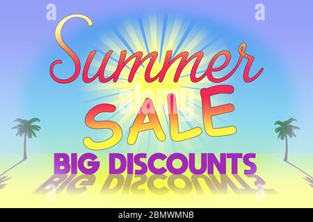 Eine helle Illustration erklärt Sommer Sale riesige Rabatte in gelb und rot Text auf einem blauen Hintergrund mit einer schillernden Sonne und fernen Palmen Stockfoto