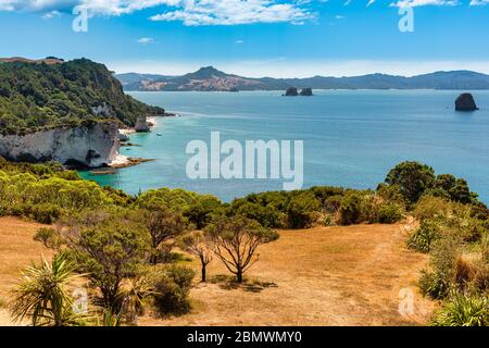 Blick auf Gemstone Bay während eines Spaziergänger zur Cathedral Cove (in der Ferne zu sehen) in Neuseeland Stockfoto