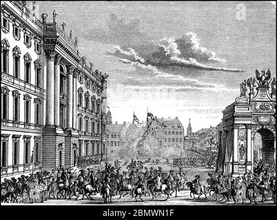 'Die Ankunft von König Friedrich I. in Berlin, Deutschland, Friedrich I., 11. Juli 1657 - 25. Februar 1713, aus dem Hause Hohenzollern war der erste König von Preußen; Seit 1688, als Friedrich III. Markgraf von Brandenburg und Kurfürst des Heiligen Römischen Reiches und souveräner Herzog in Preußen 1701 übernahm, als König Friedrich I. den Namen / der Einzug von König Friedrich I. in Berlin, Deutschland, Friedrich I., 11. Juli 1657 - 25. Februar 1713, aus dem Hause Hohenzollern war der erste preußische König; seit 1688 als Friedrich III. Markgraf von Brandenburg und Kurfürst des Heiligen Römischen Reichs Stockfoto