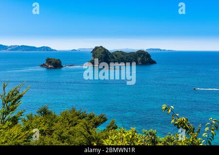 Blick auf Gemstone Bay während eines Spaziergängen zur Cathedral Cove in Neuseeland Stockfoto